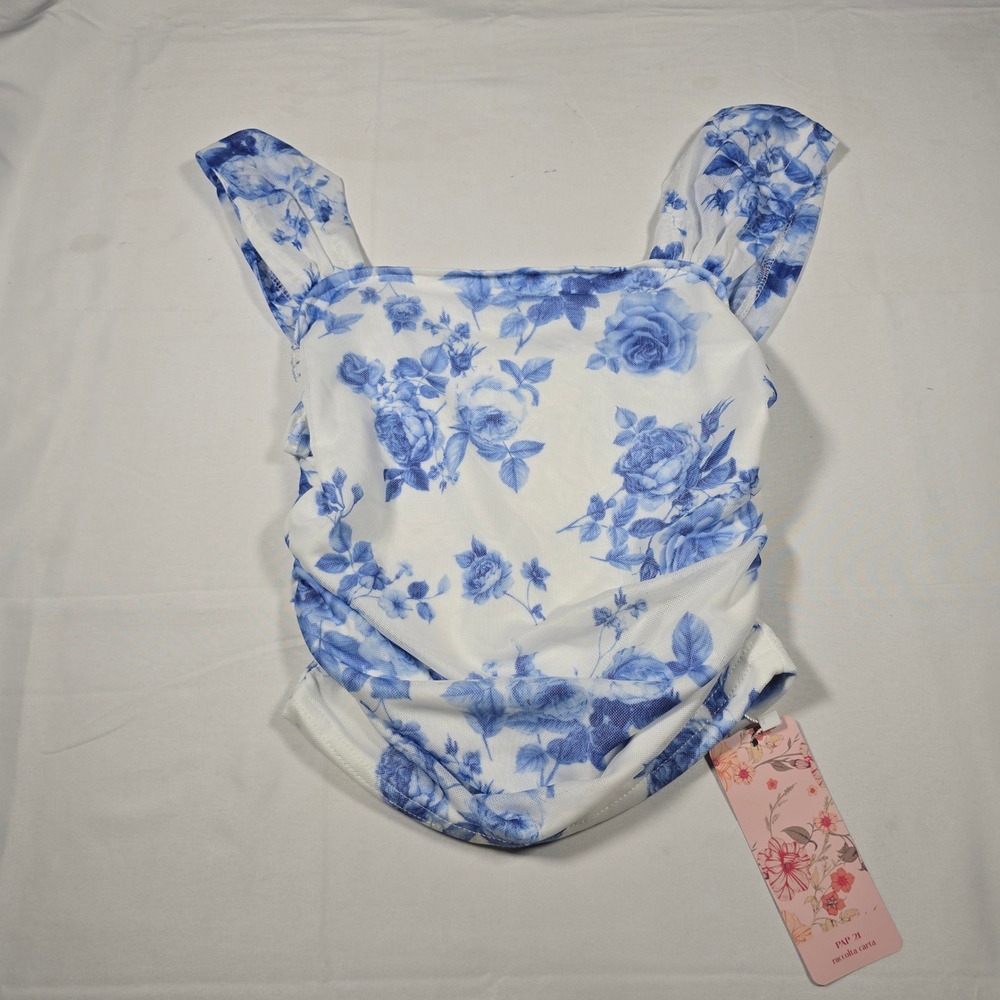 Womens Small Blue White Floral‎ Mesh Ruched Crop Tank Top